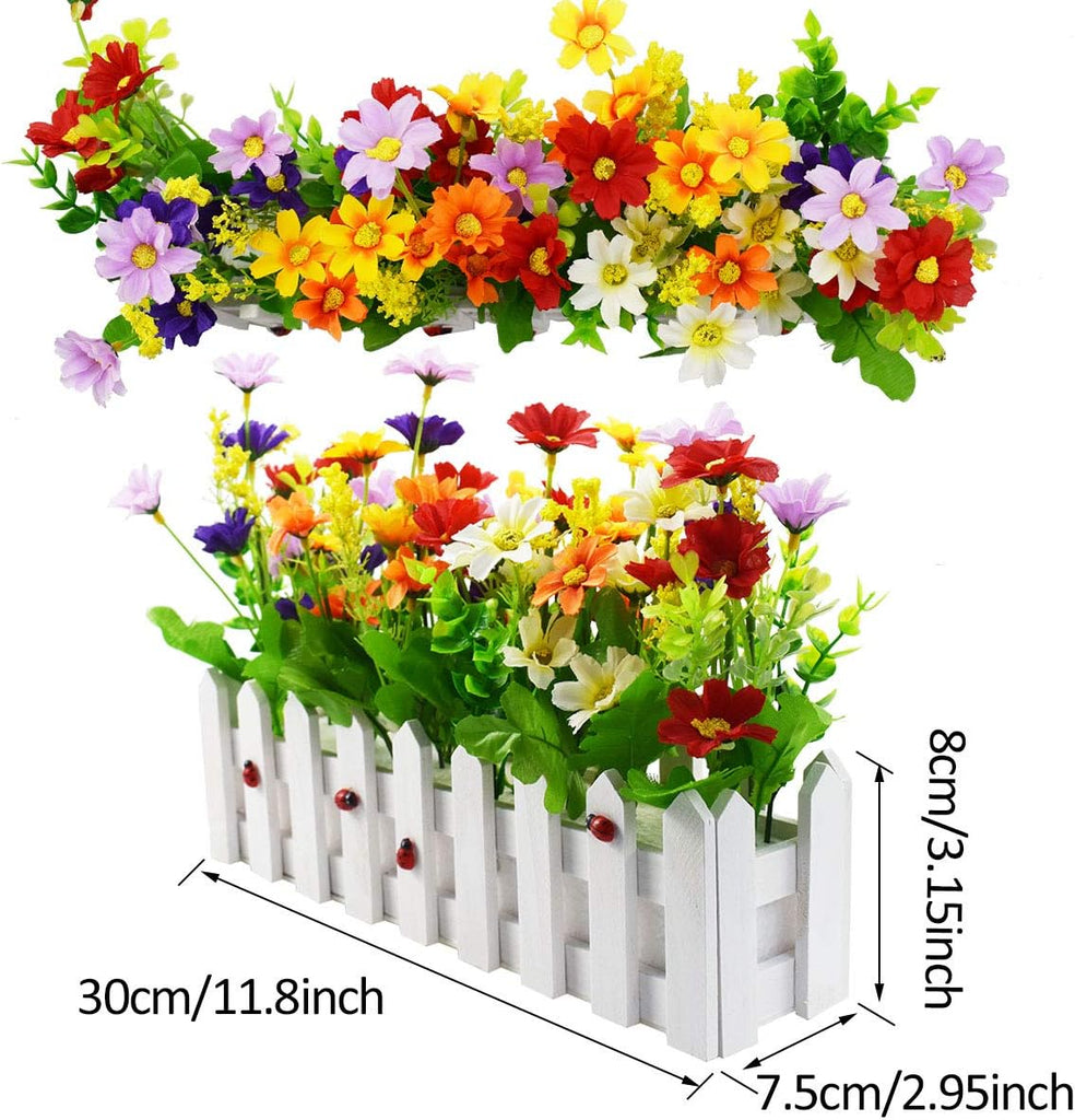 Artificial Flower Plants - Mixed Color Daisies in Picket Fence Pot for Indoor Office Wedding Home Decor, 2 Sets
