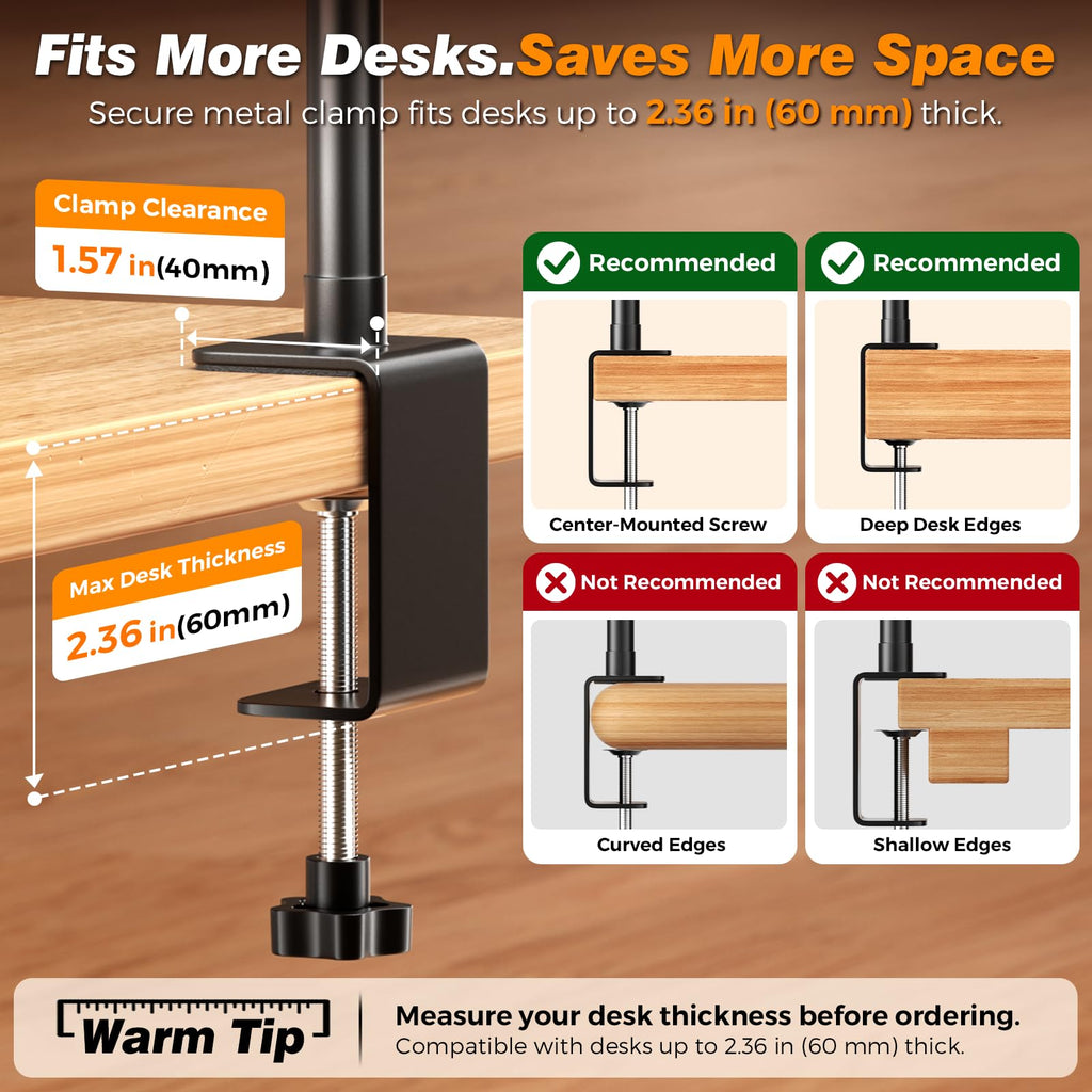 LED Desk Lamp with Clamp, 17" Stepless Dimming Light, Black