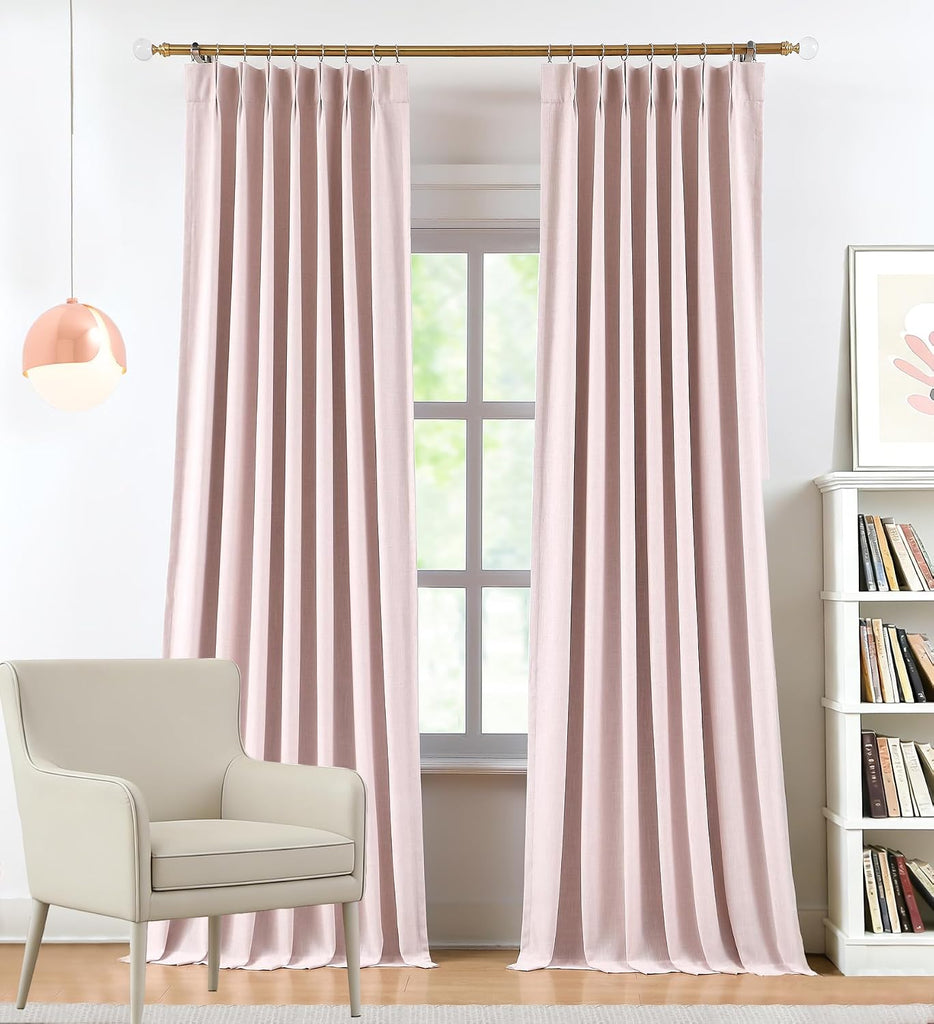90 Inches Soft Pink Pinch Pleated Full Blackout Curtains Linen Blended Room Darkening Window Curtains for Living Room