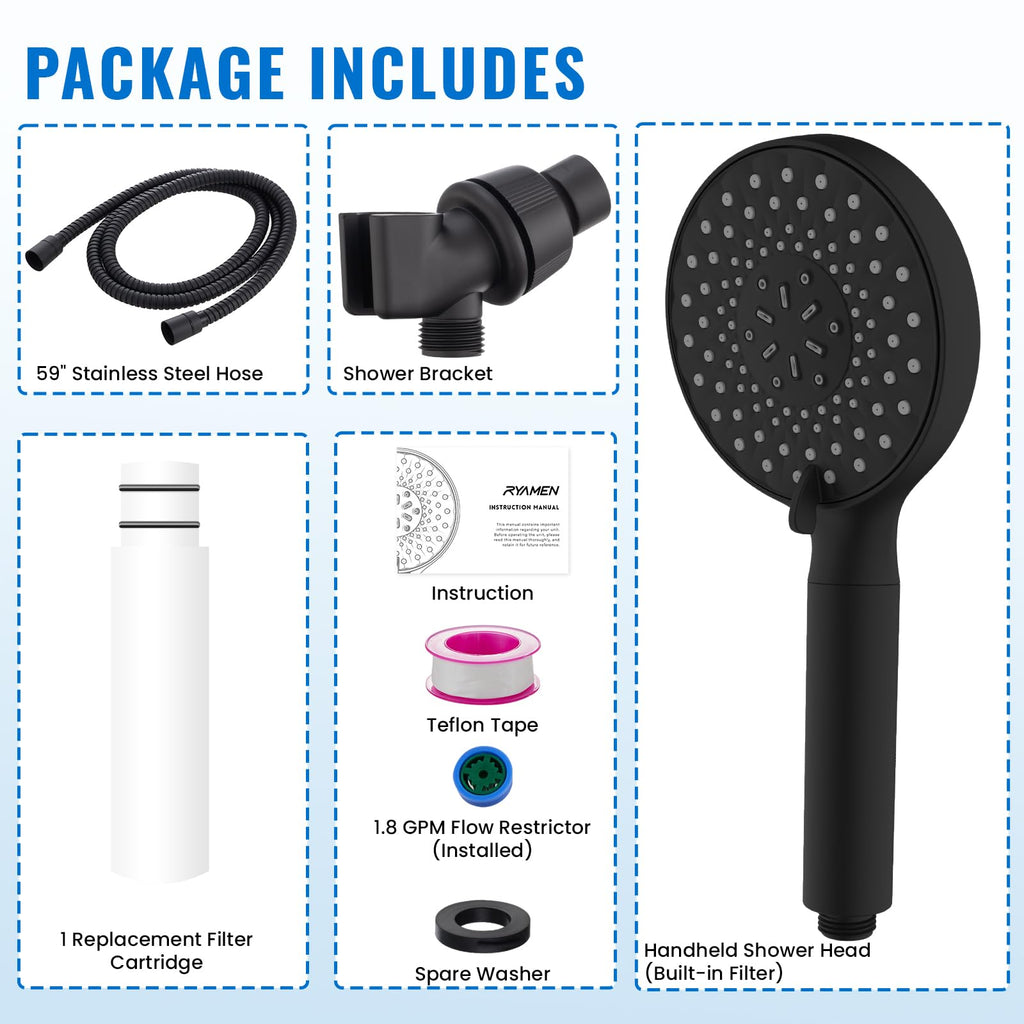 Filtered Shower Head with Handheld, High Pressure 9-Spray Modes Detachable Shower Head with Filter for Hard