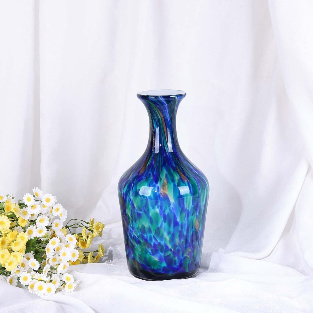 Hand Blown Glass Vase Teal Mosaic (Blue Green Splash) - Murano Inspired Art Glass Vase with Wide Mouth for Flowers