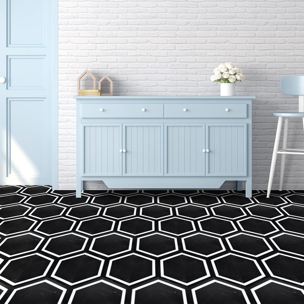 30-Pack Hexagon Peel and Stick Vinyl Floor Tiles, Black Marble