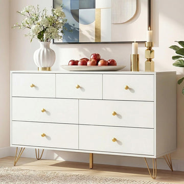 White, Modern 7 Drawer with Gold Handles and Metal Legs, White and Gold Dressers & Chest of Drawers