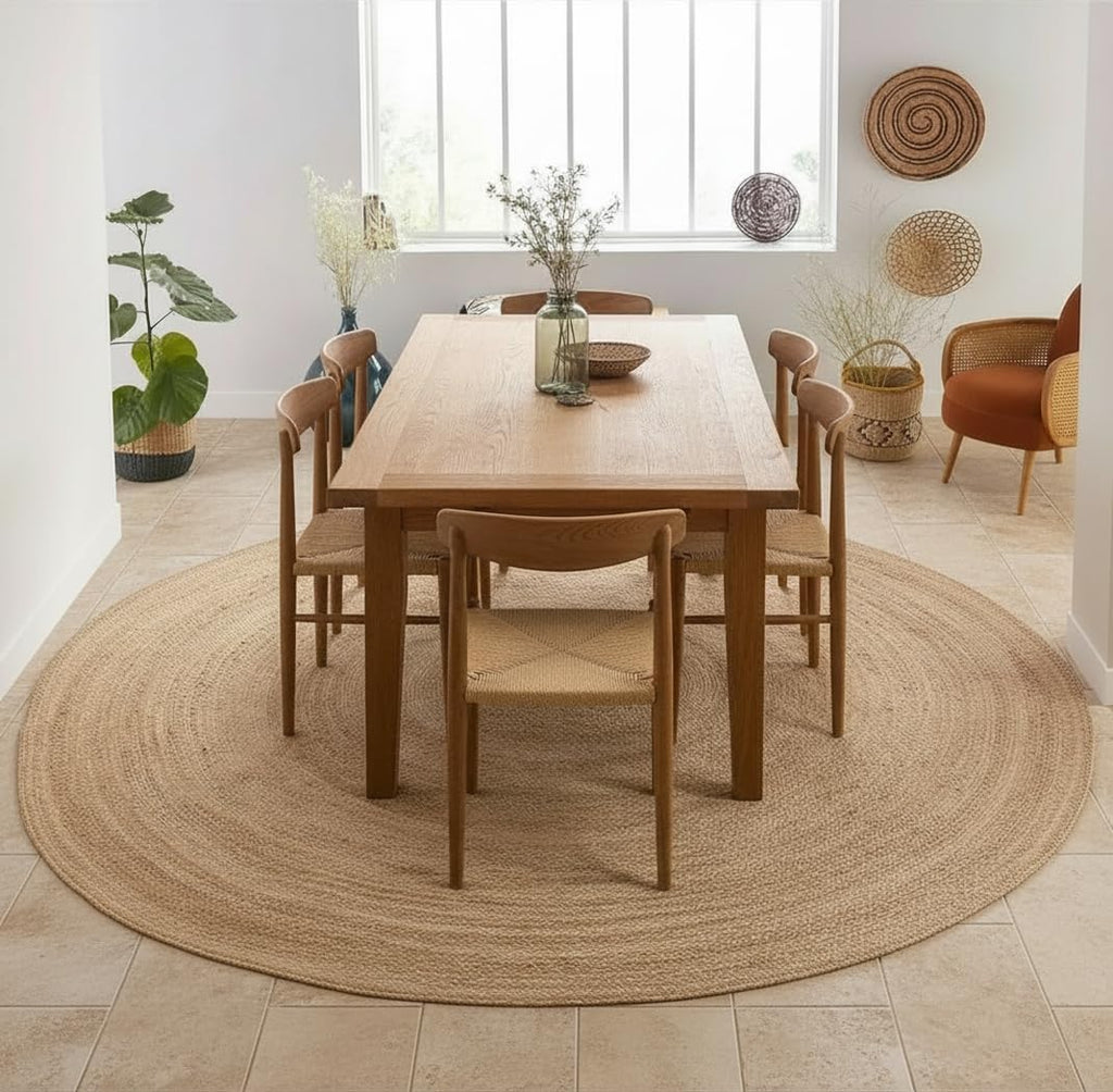 Handwoven Jute Area Rug - 6 feet Round - Natural Yarn - Rustic Vintage Beige Braided Reversible Rug - Eco Friendly