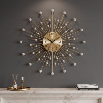 24 Inch Wall Clock Gold Mid Century Crystal Sunburst Metal Clock
