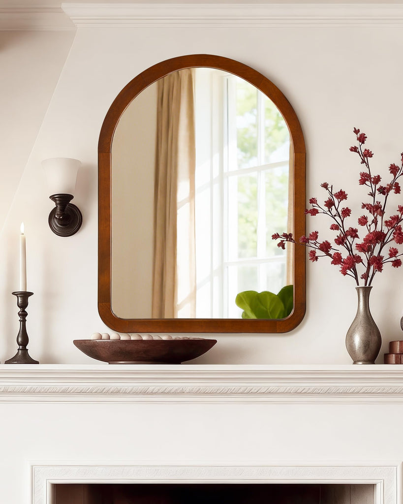 Arched Mirror 30 x 40 Inch, Walnut Brown Wood Rustic Bathroom Tempered Wall Mirror with Wood Frame, Round Corner Arch