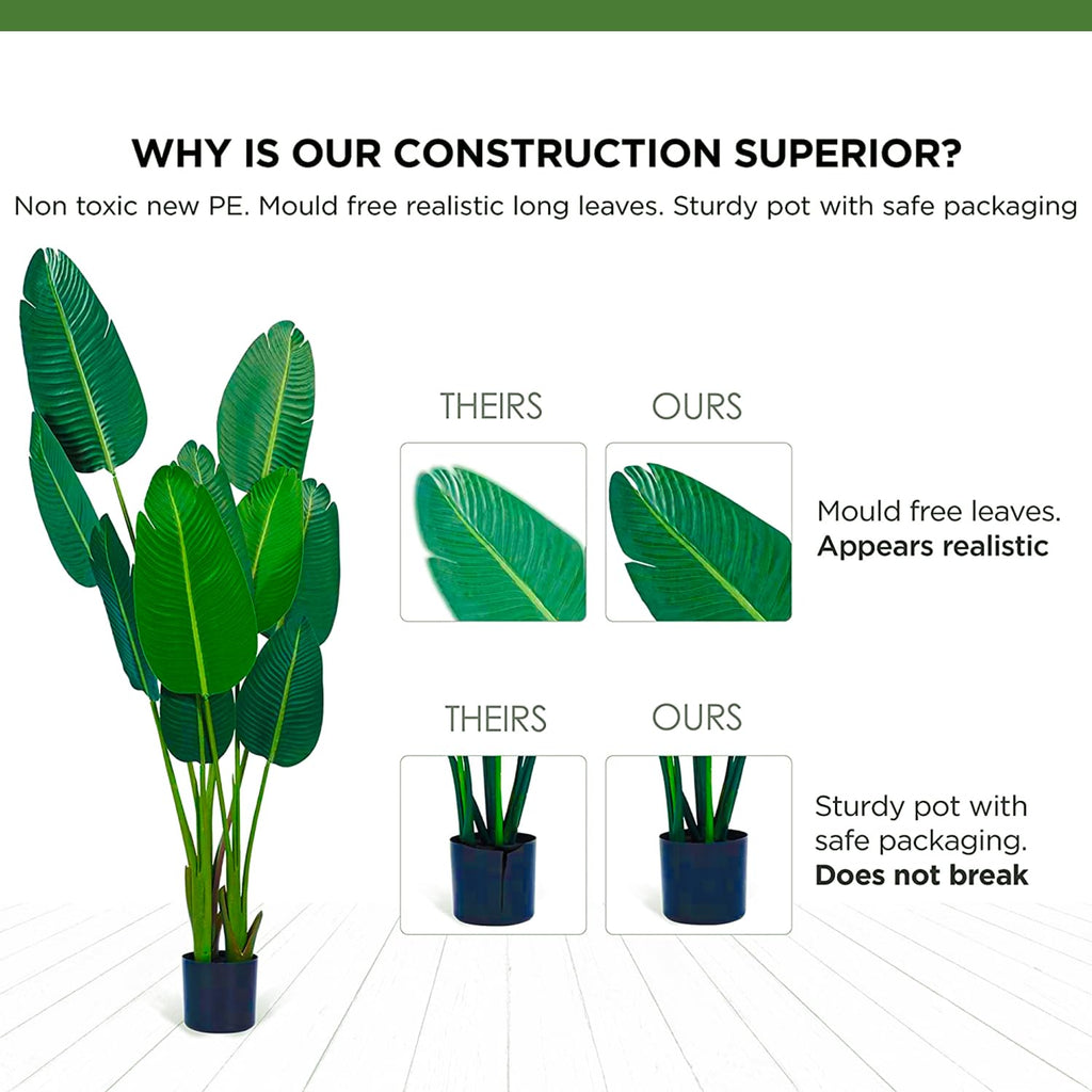Bird of Paradise Artificial Plant - Fake Tree Banana Faux Plants with 10 Realistic Green Leaves and Thick Durable Pot