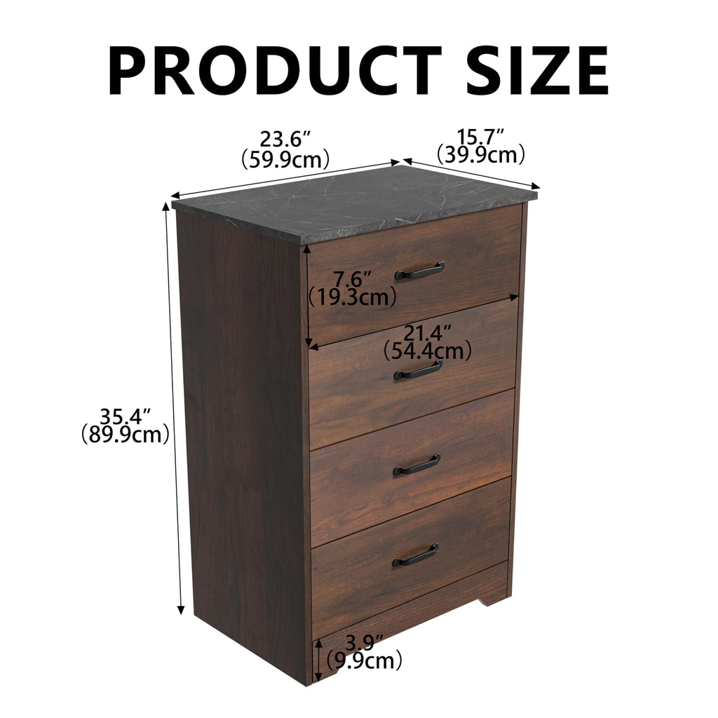 Farmhouse 4 Drawer Dresser, Small Wooden Chest of Drawers Classic White Dresser Living Room Entryway (Dark Walnut, 4