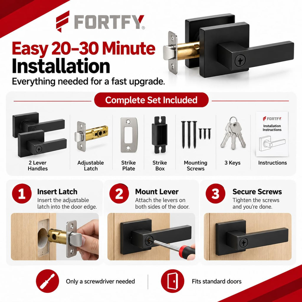 Matte Black Door Lever with Lock and Key - Keyed Entry Handle for Front Door, Bedroom & Office, Square Modern Lever