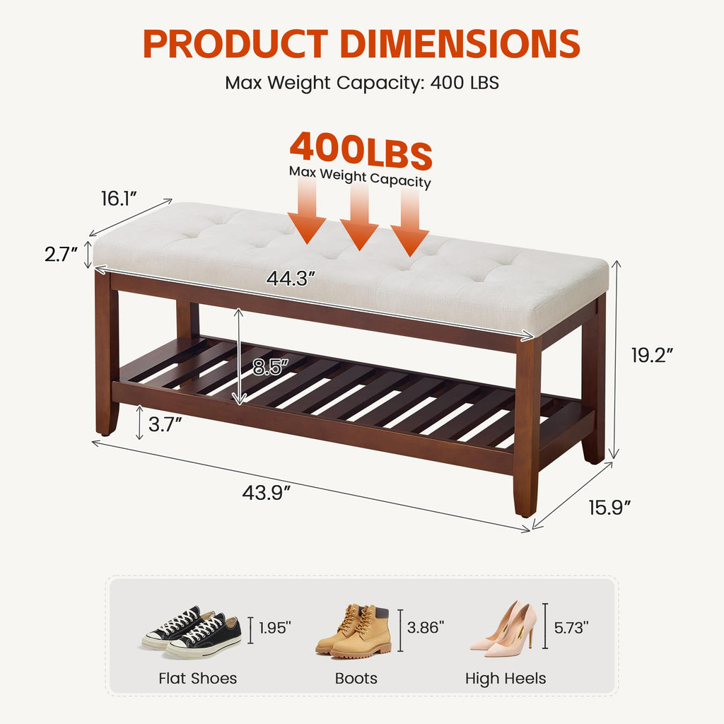 44" Entryway Shoe Bench, Upholstered End of Bed Bench with Solid Wood Shelf, Button Tufted Shoe Bench, Beige