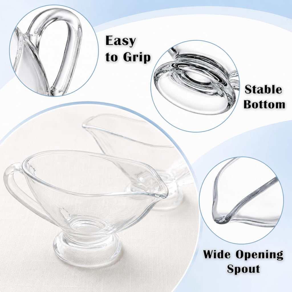 2 Pack 11 oz Saucy Glass Gravy Dish with Handle, Clear Gravy Sauce Boat for Dining, Holiday Meals & Parties