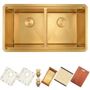 Gold Kitchen Sink, 30 Inch Double Bowl Undermount Sink