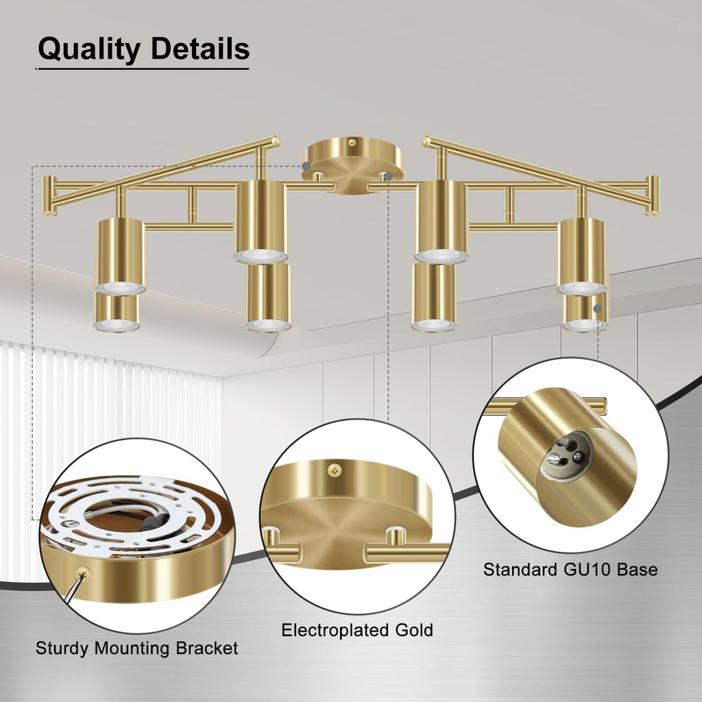 8 Light Track Lighting Fixtures Ceiling, Gold Kichen Track Lighting Fixtures, Rotatable Light Heads, Adjustable