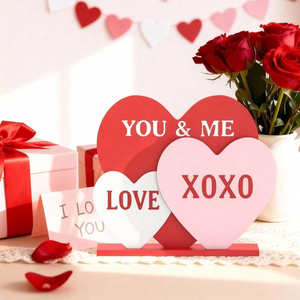 Valentines Day Decorations, 8.7 Inch Valentine Table Decorations Wooden Heart Sign with Letter LOVE XOXO, Valentines