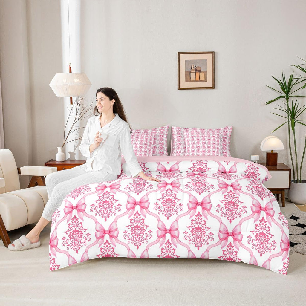 Pink Bow Decor Victorian Twin Comforter Set with Sheets | Antique Damask 7-Piece Bedding Set Gothic Baroque Floral