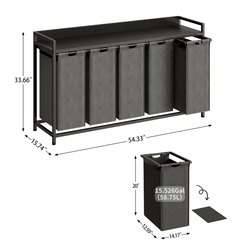 Laundry Hamper with Shelf, Laundry Basket 5 Section, Laundry Sorter with Pull-Out Removable Large Bags and Movable