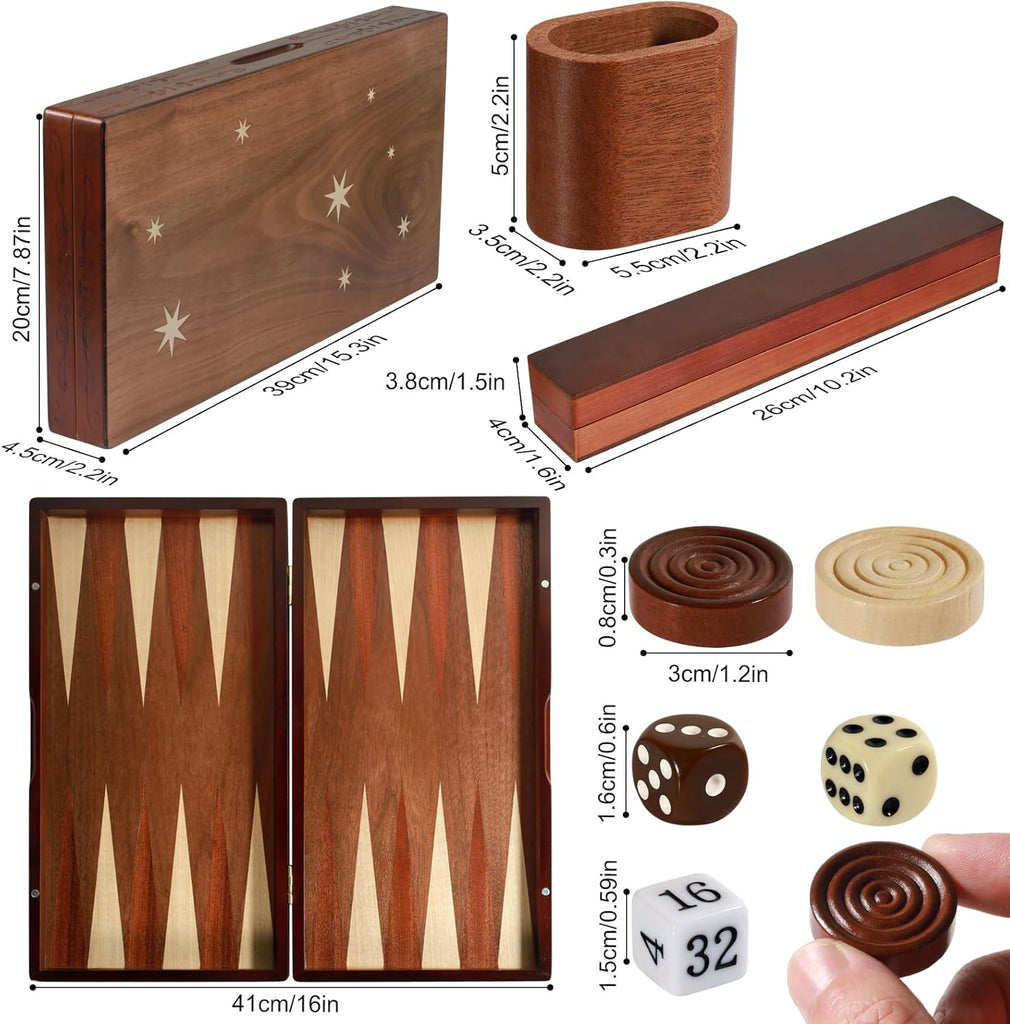 Handcrafted Wooden Backgammon Set - 16x15.3inch, Oversized Pieces, Intricate Carvings, Premium Travel Game Board