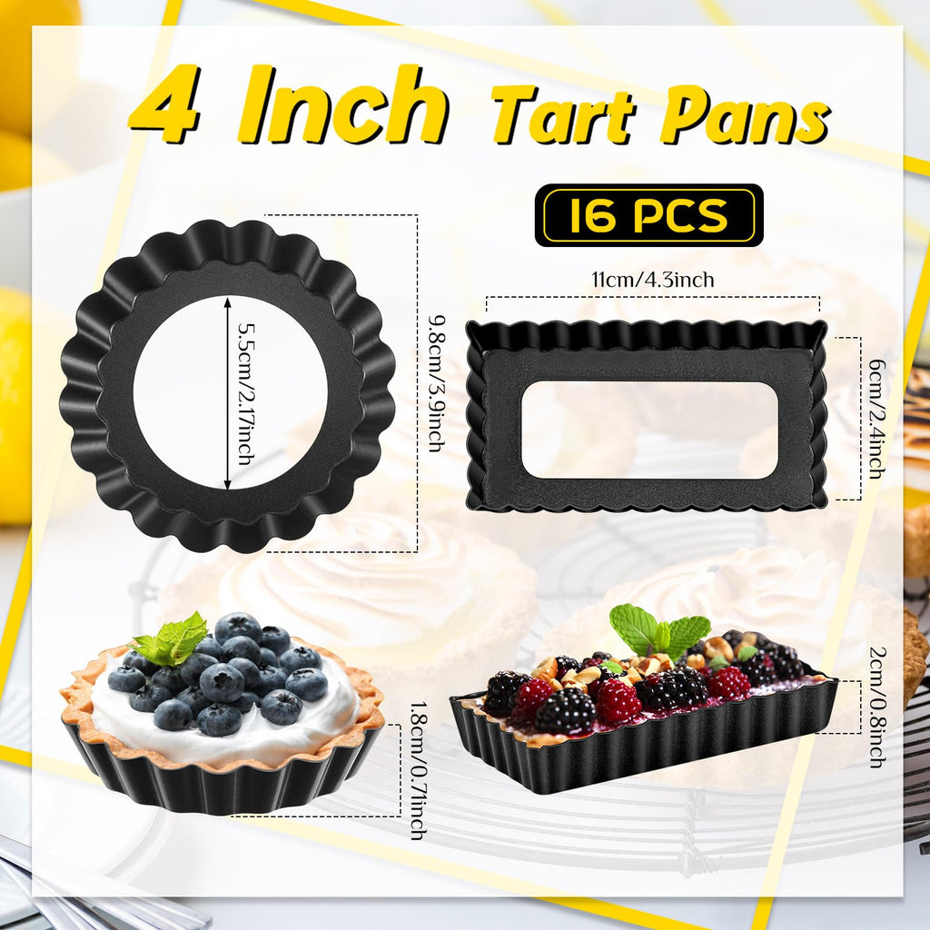 16 Pcs Mini Tart Pans for Baking, Black Round and Rectangle