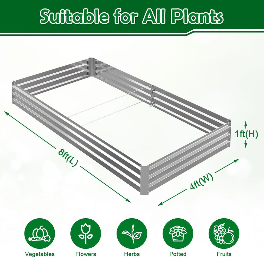 8x4x1FT Galvanized Raised Garden Bed, Metal Planter, Silver,1 Pack | Thick Galvanized Steel, Easy Assembly,Outdoor