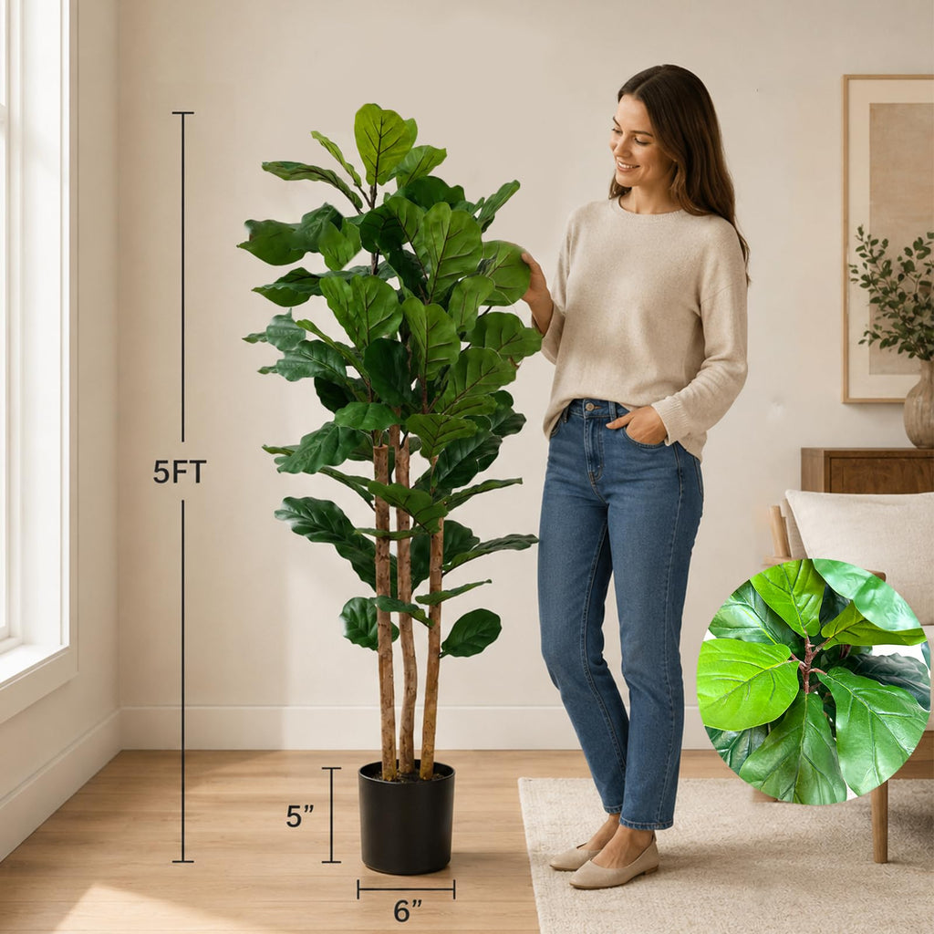 5FT Artificial Fiddle Leaf Fig Tree, Realistic Faux Tree