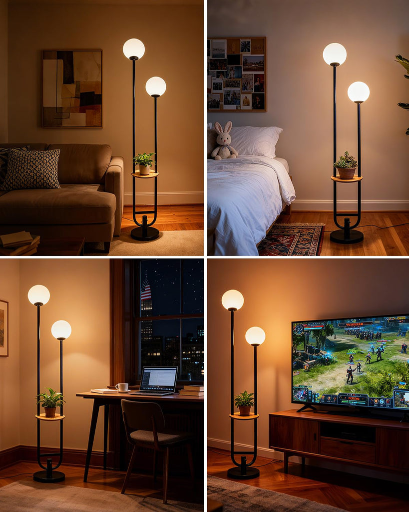 63IN 2-Globe Floor Lamp Dimmable Tall Standing Lamps with Table 3000K Warm White Unique Vintage Modern Mid Century