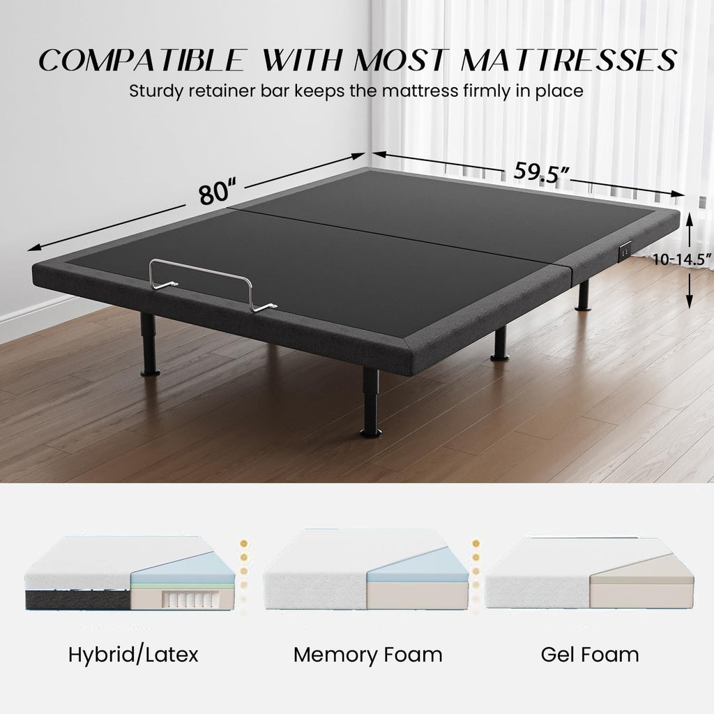 Adjustable Bed Frame Queen with Massage -Wireless Remote Electric Power Bed Foundation Under-Bed Lighting | Zero