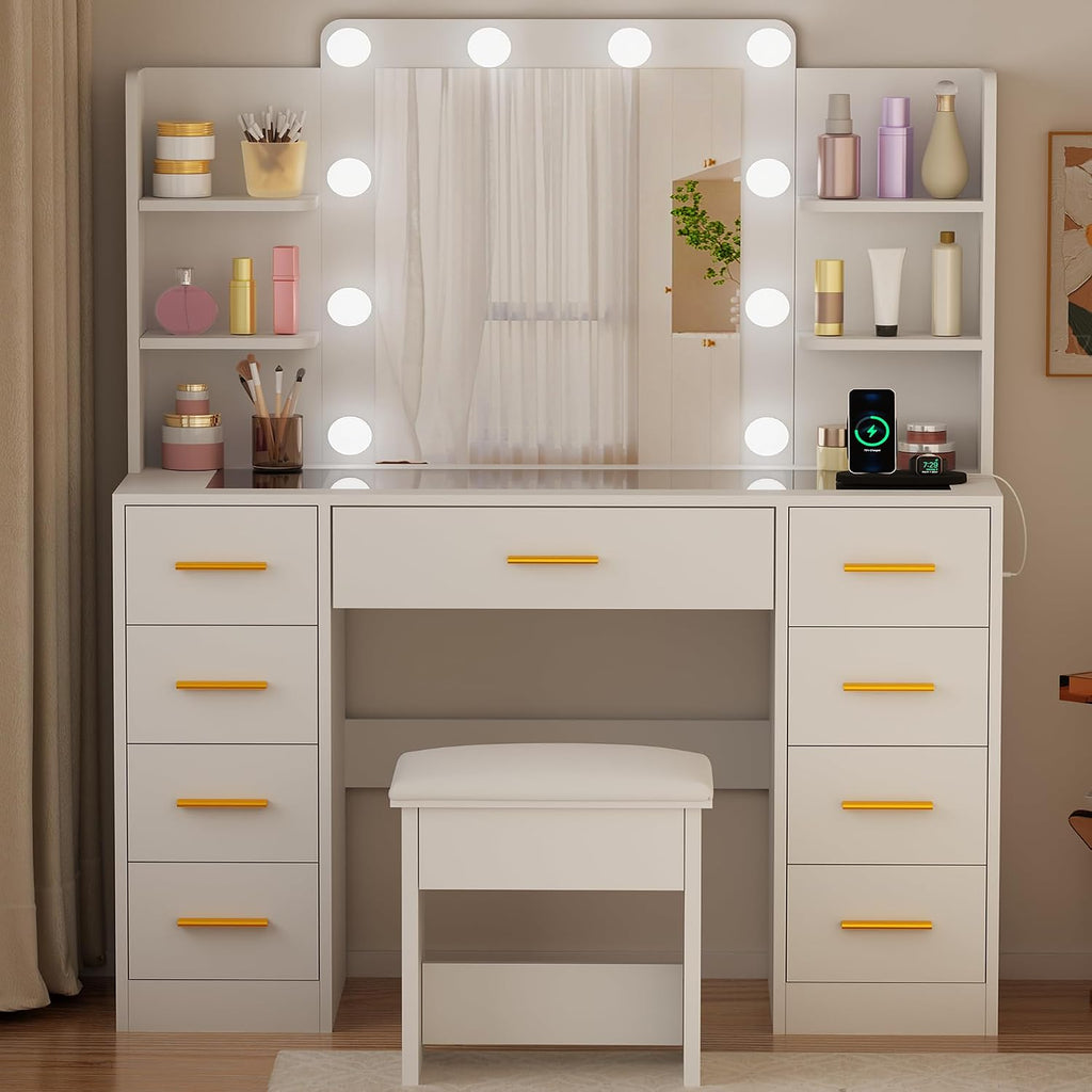 Large Vanity Desk with Mirror and Lights,Glass Top,9 Drawers | White Makeup Vanity Table with 4 Storage