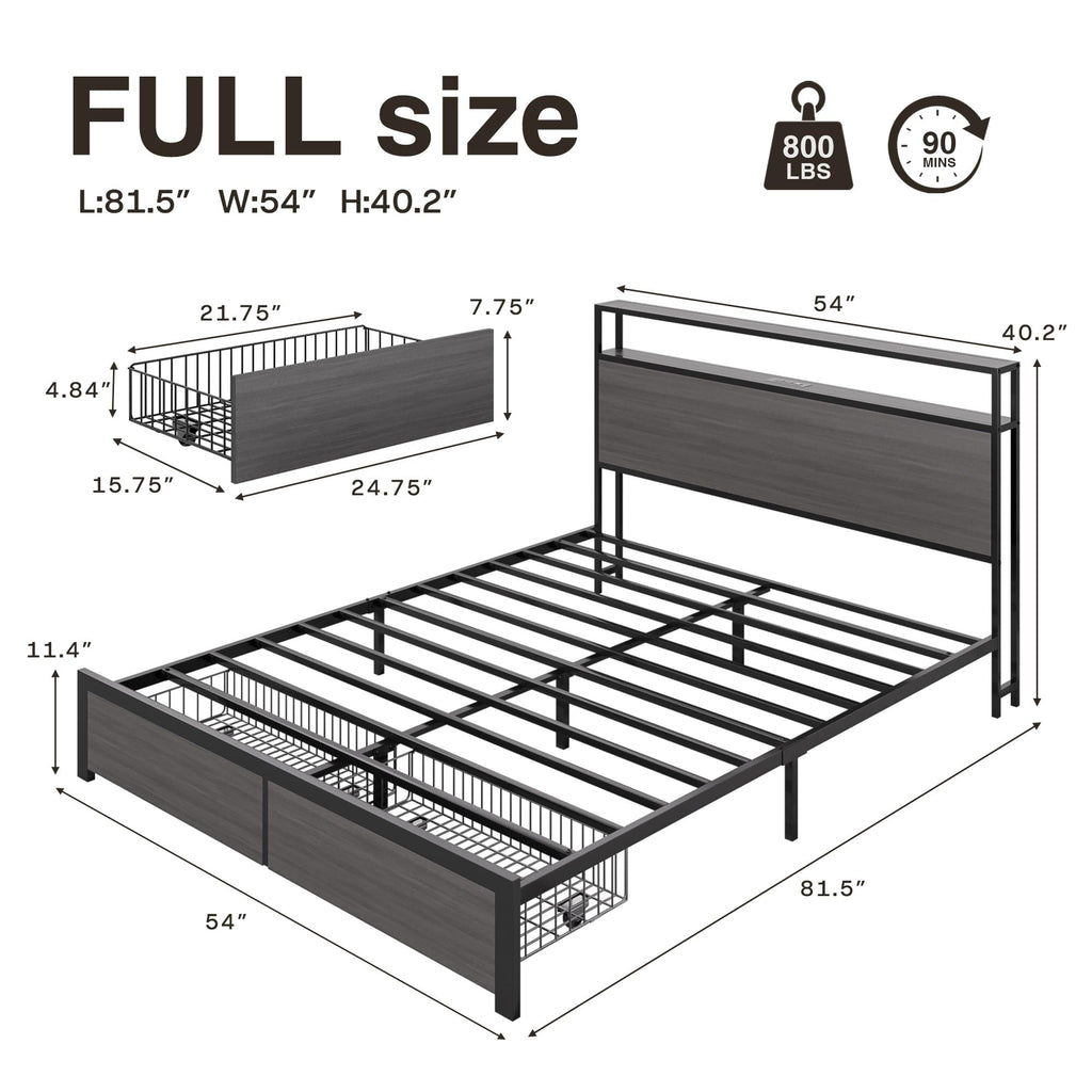 Bed Frame with 2 Drawers, LED Lights, Charging Station, Rustic Grey