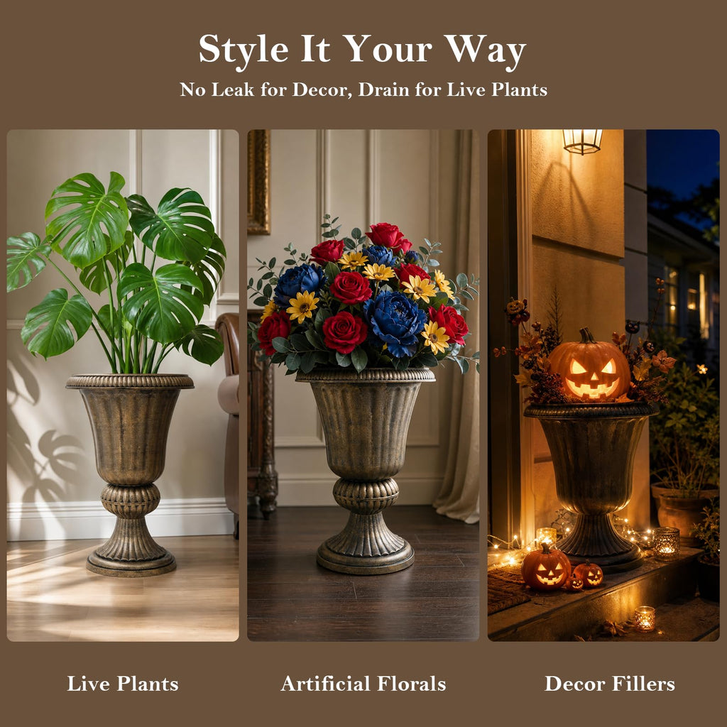 20" Tall Urn Planters for Outdoor Plants, 2 Pack, Bronze