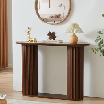 Fluted Console Table, Farmhouse Oval Curved Entryway Table with Storage and Fluted Wood Legs, Narrow Small Long Entry