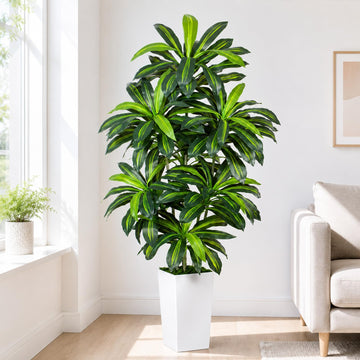 7FT Artificial Dracaena Tree - High-Density Foliage Fake Plant with White Tall Planter - Faux Yucca Floor Plant Decor