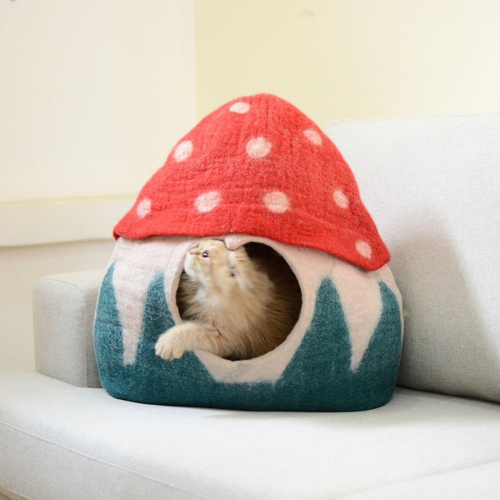 Mushroom Shaped Felt Cat Cave- Wool Cat House Using Pure Natural Wool