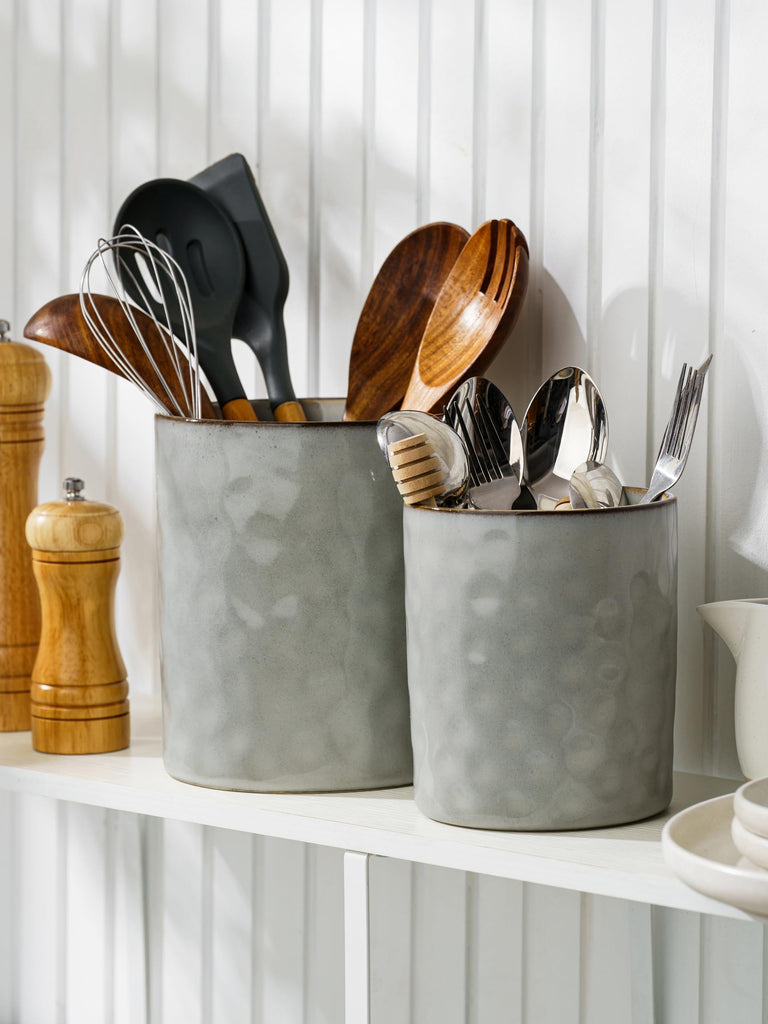 Ceramic Utensil Holder, 7.2"+5.8", Set of 2, Gray