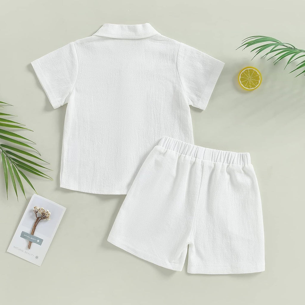 Baby Boy Cotton Linen Shorts Set Solid Color Short Sleeve Button Down T-Shirt Tops and Shorts Summer Outfit Clothes