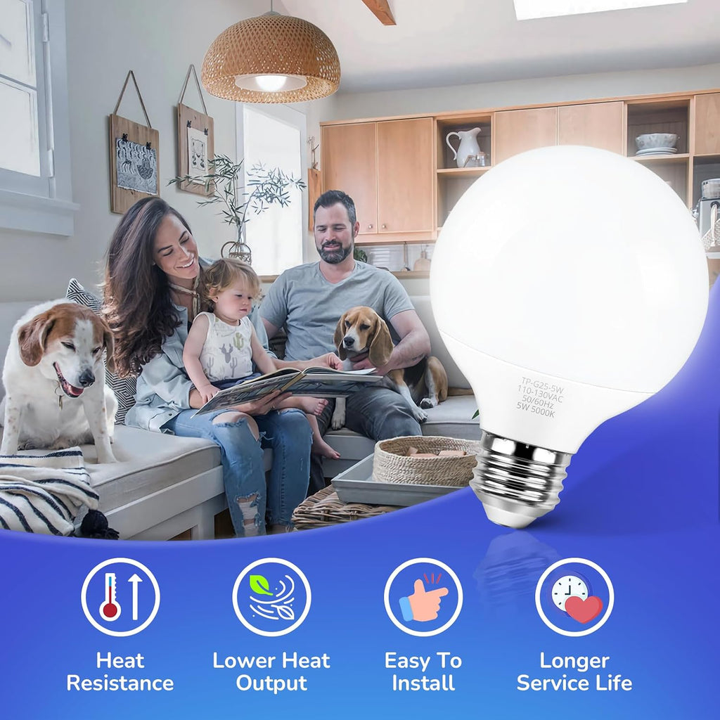 G25 LED Globe Light Bulbs Daylight White 5000K, Round Vanity Light Bulb 60W Equivalent, E26 Base Bathroom Mirror