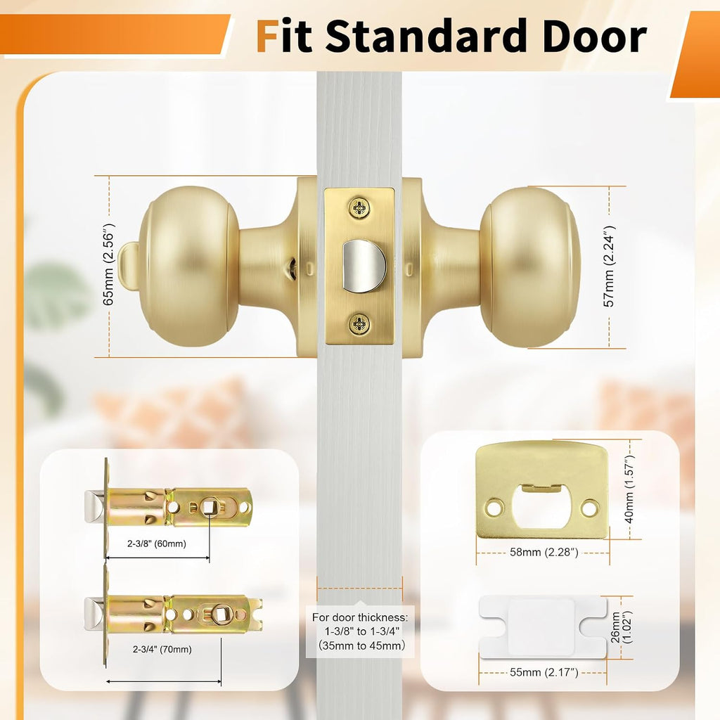 Brushed Brass Door Knobs Bathroom, Interior Door Knob with Round Ball, Gold Privacy Door Knob, 6 Pack