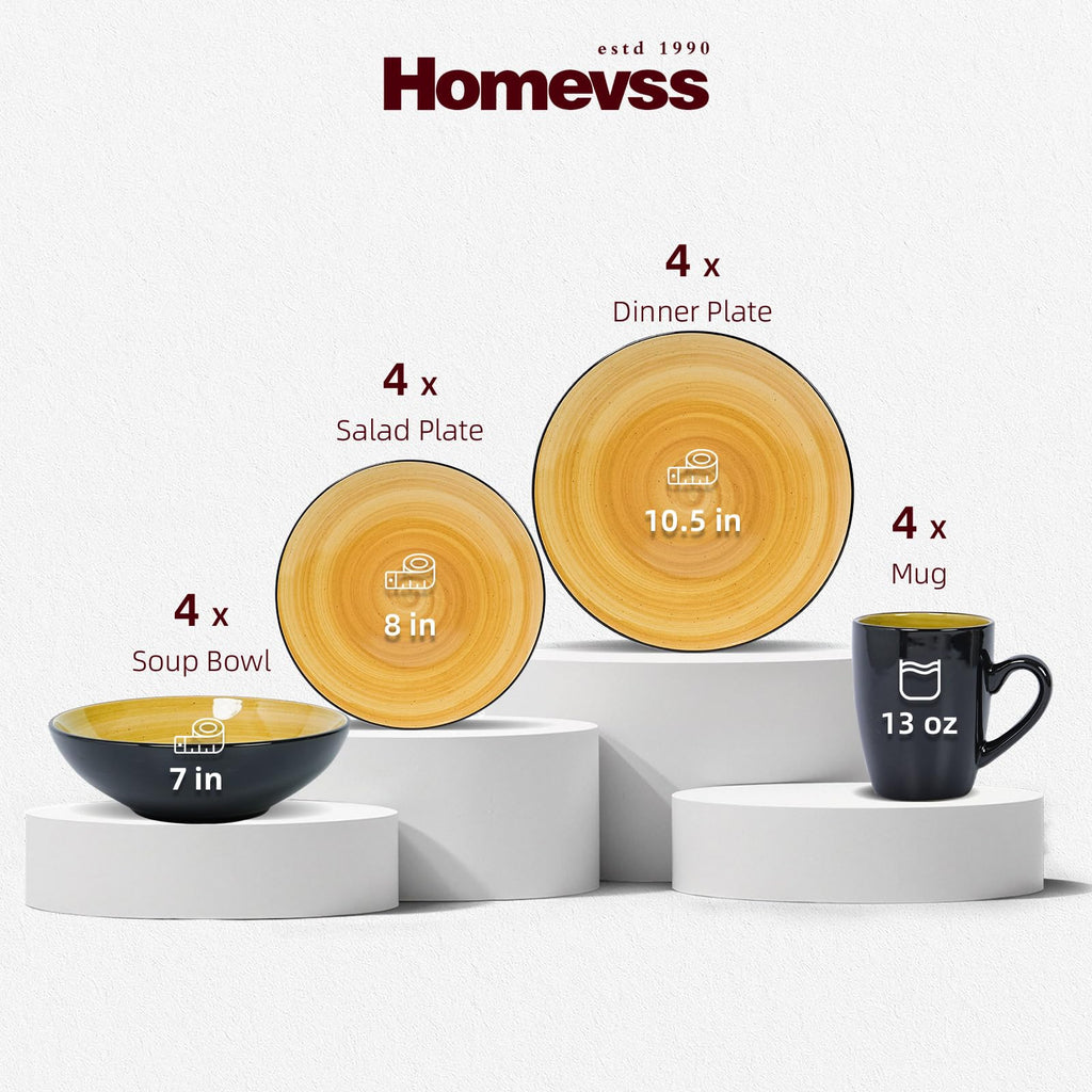 Sonoma 16 Piece Stoneware Dinner Set, Outside Black + Inside Handpainted Color Yellow with speckle