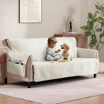 Quilted Sofa Slipcovers with Pockets, Anti-Slip Medallion Designed Couch Covers for 3 Cushion Sofa, Couch Cover