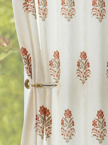 Pinch Pleated Curtains for Living Room: Light Filtering Floral Curtains 95" White Brown Linen Blend Drapes for