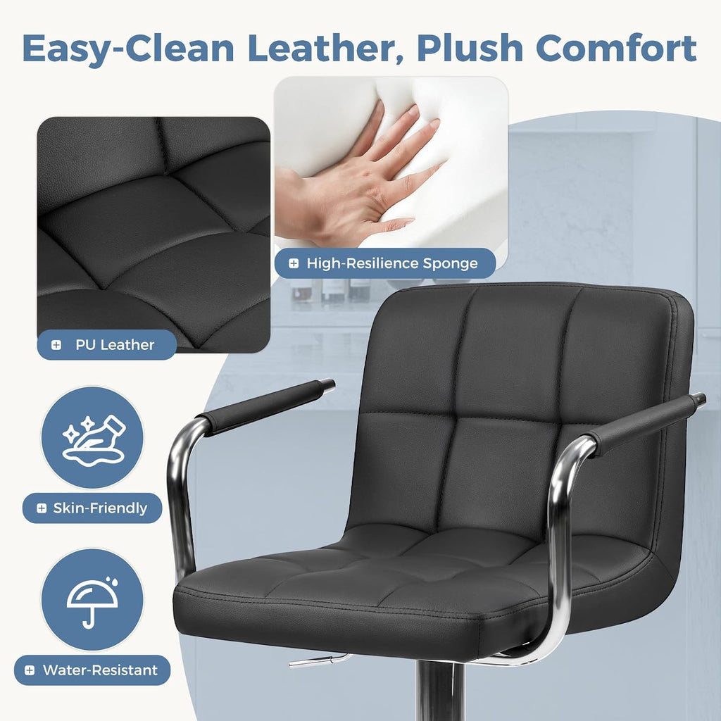 Swivel Bar Stools Set of 4, PU Leather Upholstered Bar Chairs with Back & Armrests, Adjustable Counter Height Stools