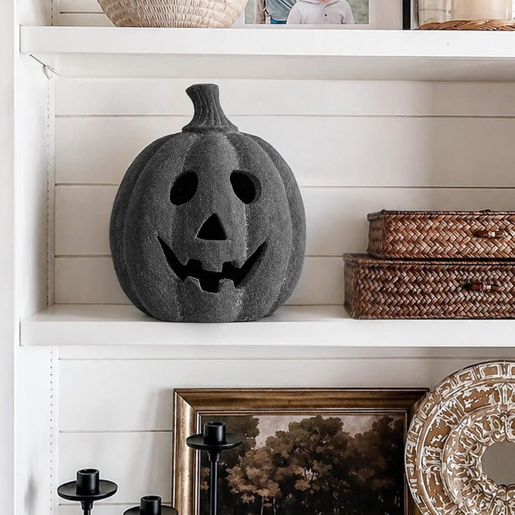 Halloween Decorations - Black Handmade Terracotta Jack O Lantern Pumpkin