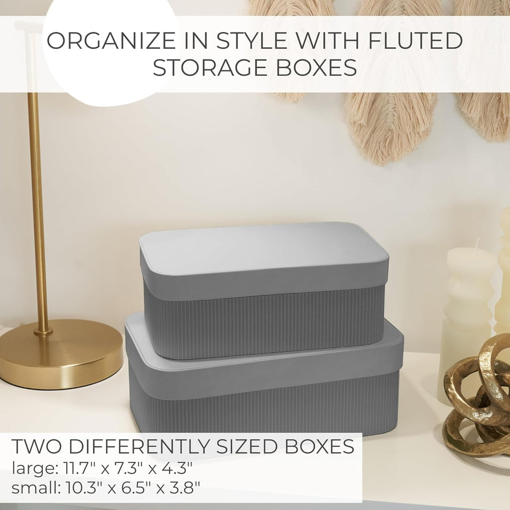 Decorative Storage Boxes with Lids Fluted Photo Organizer Bins - Set of 2