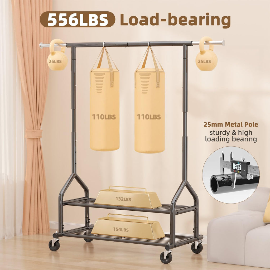Heavy Duty Clothes Rack Load 556 LBS, Rolling Clothing Rack With Shelves, Height Adjustable Clothes Hanger with