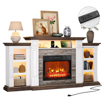 72" LED Fireplace TV Stand with Outlet, Electric Fireplace with Mantel for TVs Up to 80 Inch, Entertainment Center