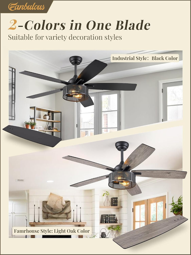 52" Farmhouse Ceiling Fan with Light,6-Speed, timer, Gray