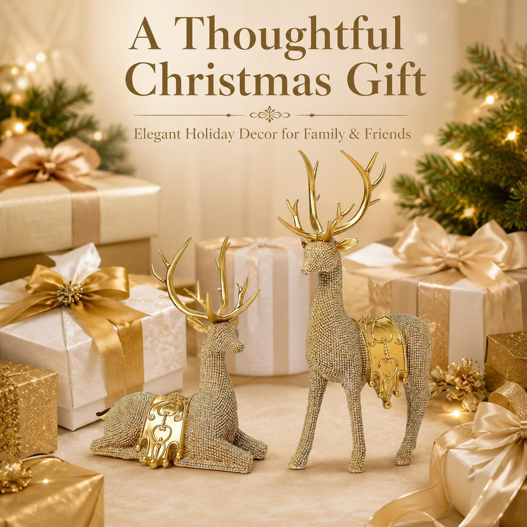 Gold Reindeer Figurines Set of 2 for Christmas Tabletop Decor