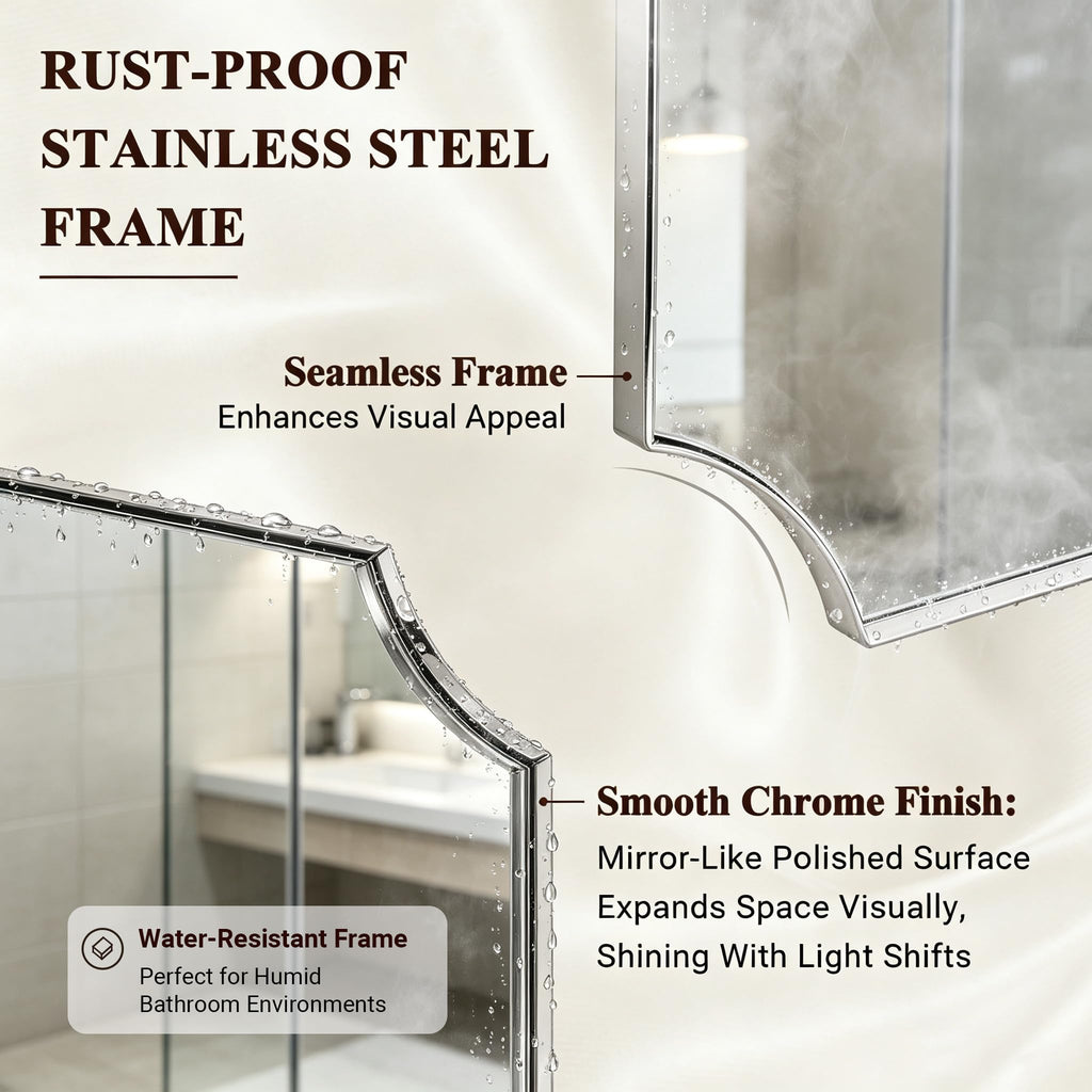 30"x30" Chrome Bathroom Mirror, Square Vanity Mirror, Scalloped Wall Mirror in Rustproof Stainless Steel Thin Frame