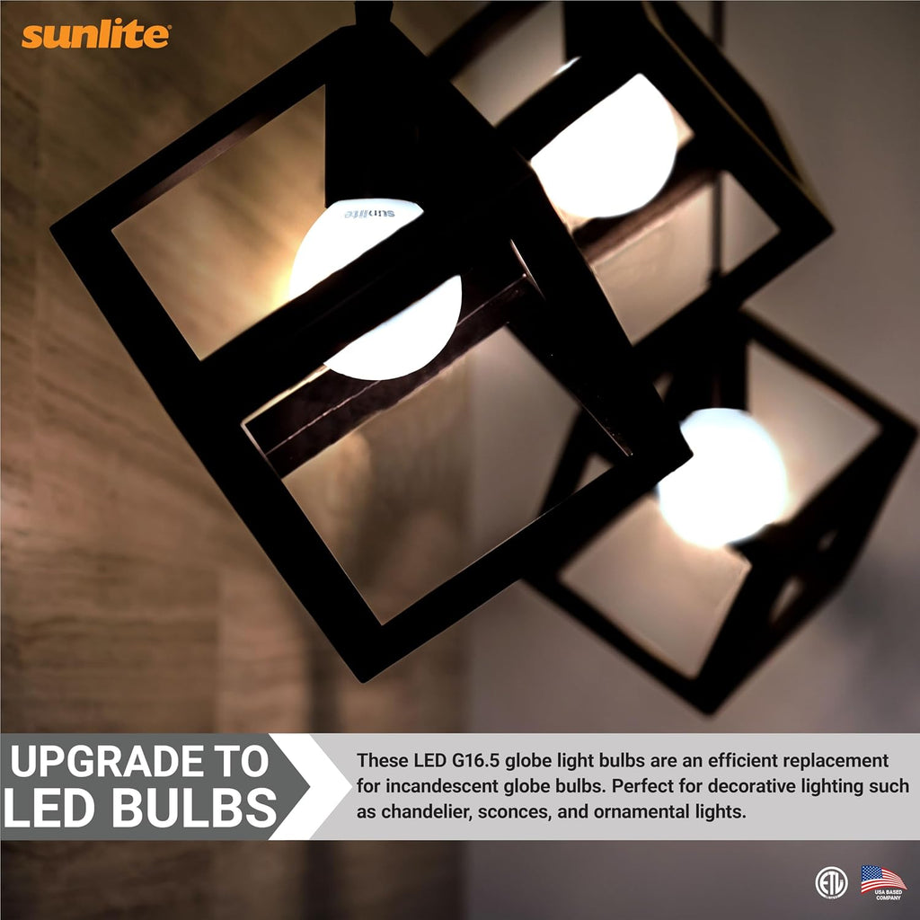 G16.5 Light Bulb LED, 7 Watts (60W Equiv.), 500 Lumens, Dimmable, Type G Globe Shape E12 Candelabra Base, Short Bulbs