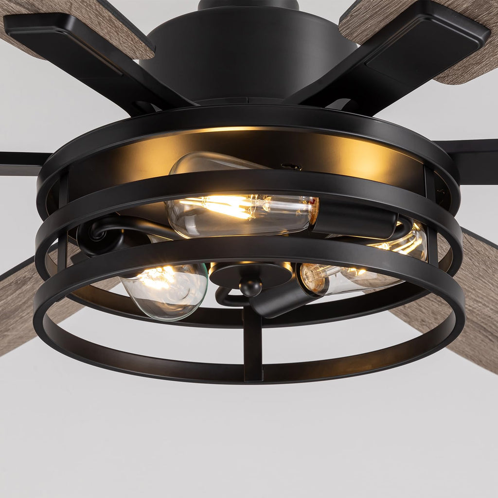 60 Inch Ceiling Fans with Lights and Remote Control, Farmhouse Ceiling Fan Living Room and Patio, Black Caged Ceiling