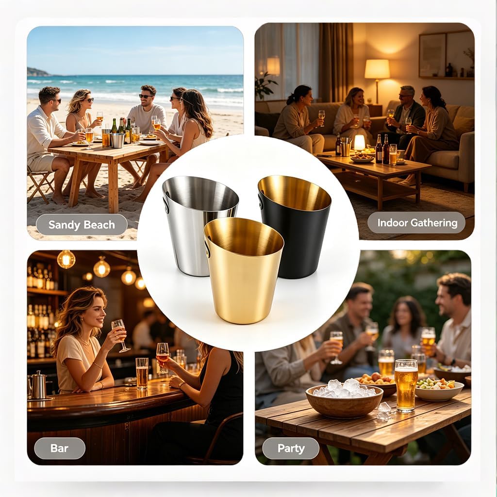 Stainless Steel Champagne Bucket - Stainless-Steel Beverage Tub - Diagonal Ice Bucket with Handle for Cocktail Bar
